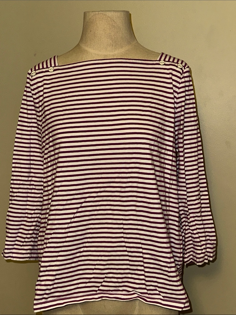 Talbots White and Burgundy Striped Boatneck Top with Shoulder Buttons